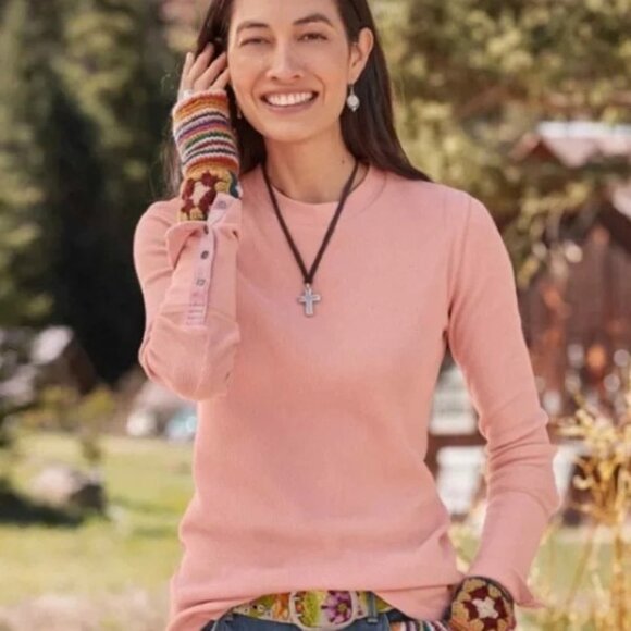 Sundance Crew Neck Thermal Waffle Knit Button Cuff Top M - Picture 2 of 6